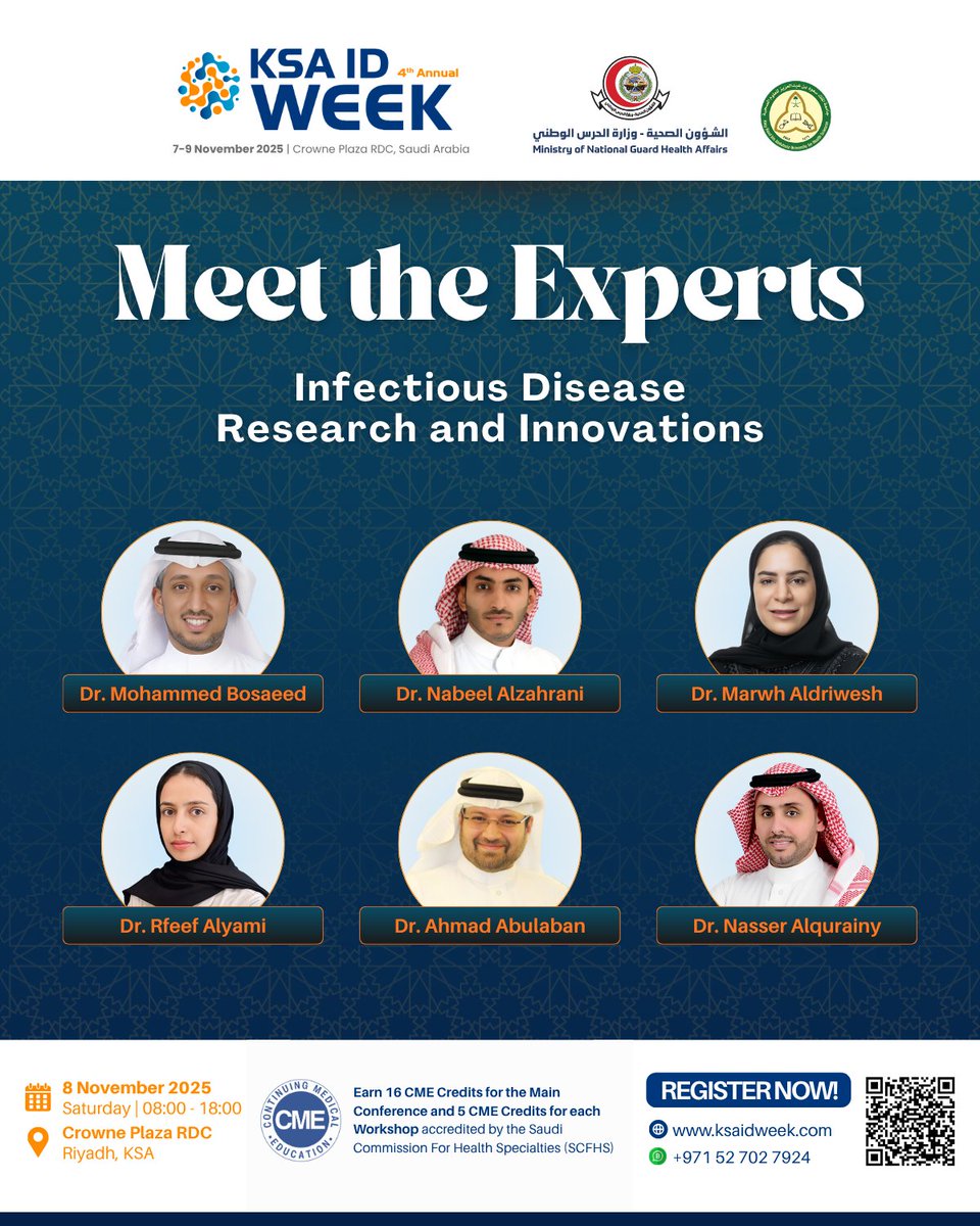 IDprofs's tweet photo. Meet the Experts for the Infectious Disease Research and Innovations.
Don’t miss the biggest Infectious Diseases and Infection Prevention & Control event in the GCC — shaping the future of safer healthcare, together.
Register now at https://t.co/zBVKNxvLDG
#KSAIDWeek https://t.co/tUGWRHsw8v