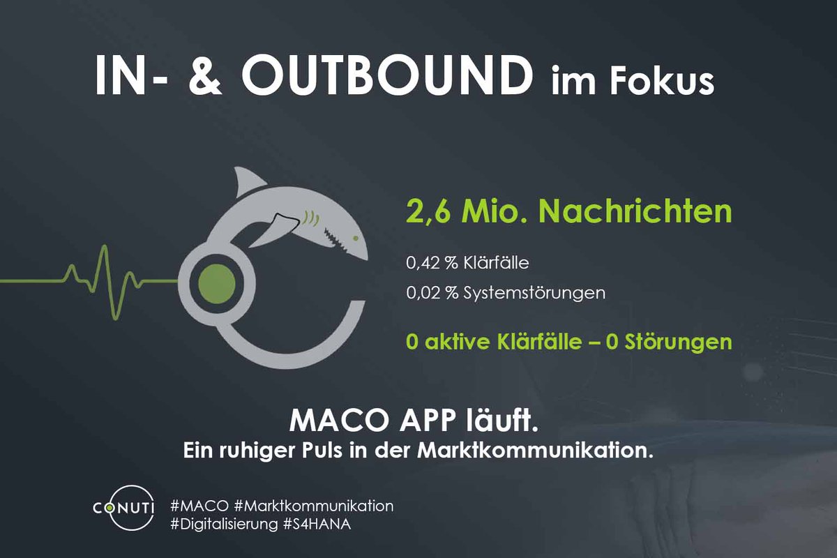 📈 IN- &amp; OUTBOUND im Fokus:
Teil von 2,6 Mio. Nachrichten – störungsfrei verarbeitet.
Nur 0,42 % Klärfälle, 0,02 % Systemstörungen.

#MACO läuft – wie ein ruhiger Puls.
#INBOUND #Digitalisierung #Energieversorgung #CONUTI #OUTBOUND