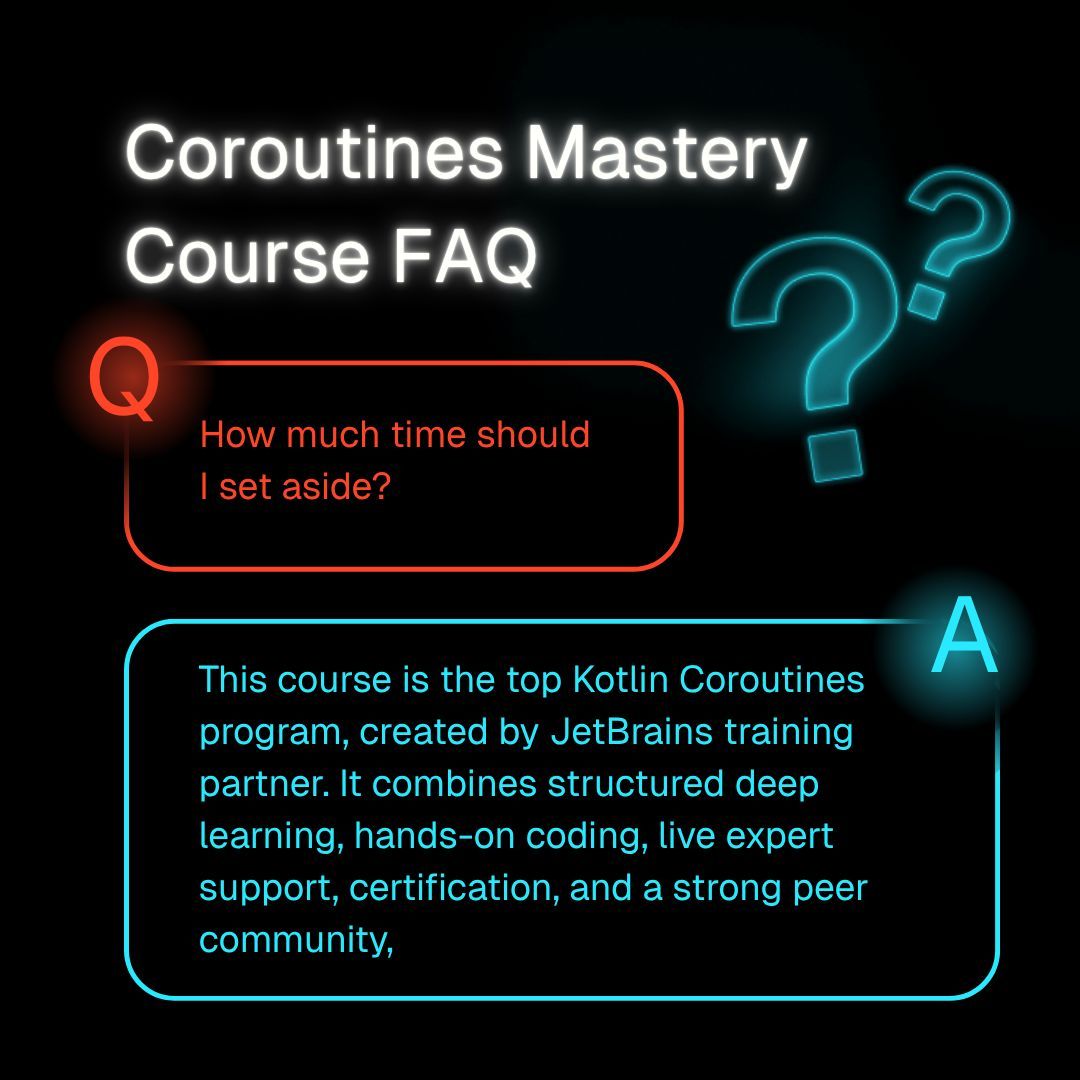 marcinmoskala's tweet image. 🚨Last chance to join Coroutines Mastery!!🚨

The course has started but you have the last chance to join. Here are some questions we have received from you:

How many hours per week do I need to dedicate to keep up?

We are planning about 7 hours of core lessons and exercises…