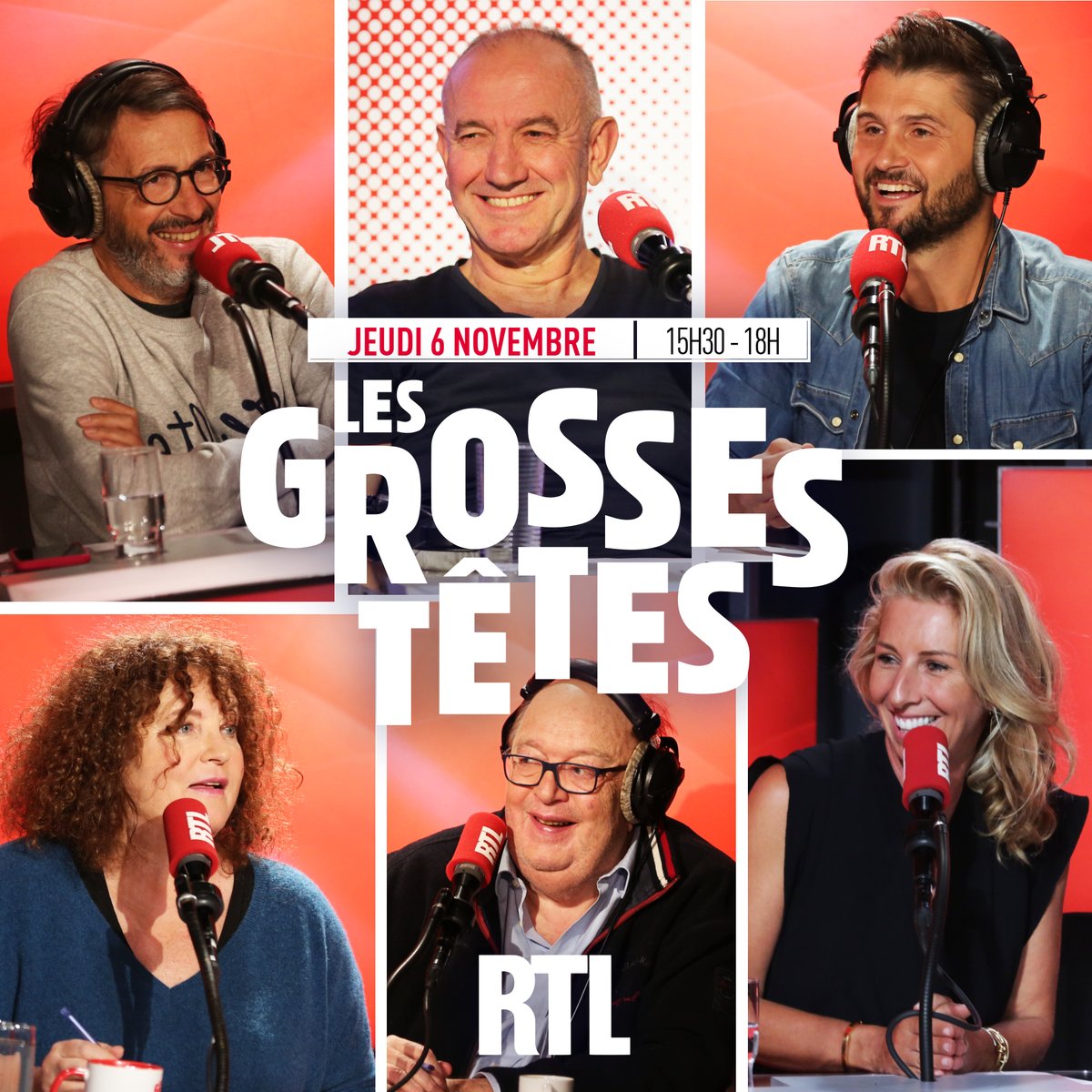 👋Bonjour à tous ! Découvrez vos Grosses Têtes de ce jeudi 6 novembre ! Autour de Laurent <a href="/ruquierofficiel/">Laurent Ruquier</a> : 
🎙️<a href="/flogazan/">Florian Gazan</a> 
🎬Valérie Mairesse
📽️Philippe Claudel
😂<a href="/BernardMabille/">Bernard Mabille</a> 
🖊️<a href="/gael_tchakaloff/">Gaël Tchakaloff</a>
📺<a href="/Tof_Beaugrand/">Christophe Beaugrand-Gerin</a> 
Coup d'envoi de l'émission : 15h30 sur <a href="/RTLFrance/">RTL France</a>
