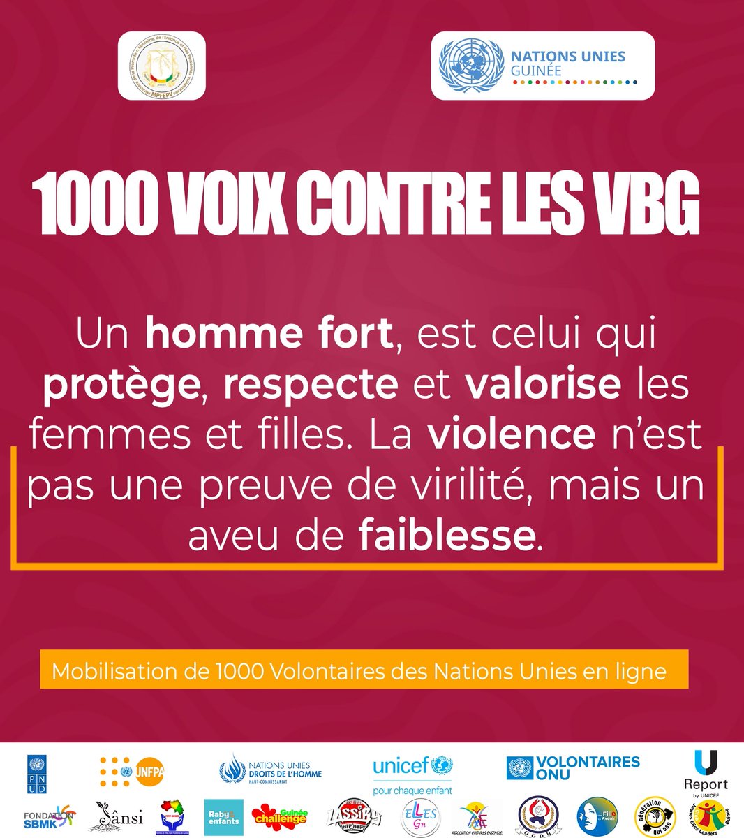 Un homme fort protège, respecte et valorise les femmes et filles.
La violence n’est pas une preuve de virilité, mais un aveu de faiblesse.
#1000VoixContreLesVBG #StopVBG #Respect #Égalité✊🏽
<a href="/OnuGuinee/">NATIONS UNIES GUINEE</a> <a href="/UNICEFGuinea/">UNICEF Guinea</a> <a href="/PNUDGuinee/">PNUD Guinée</a> <a href="/unfpa_guinee/">UNFPA GUINEE</a>