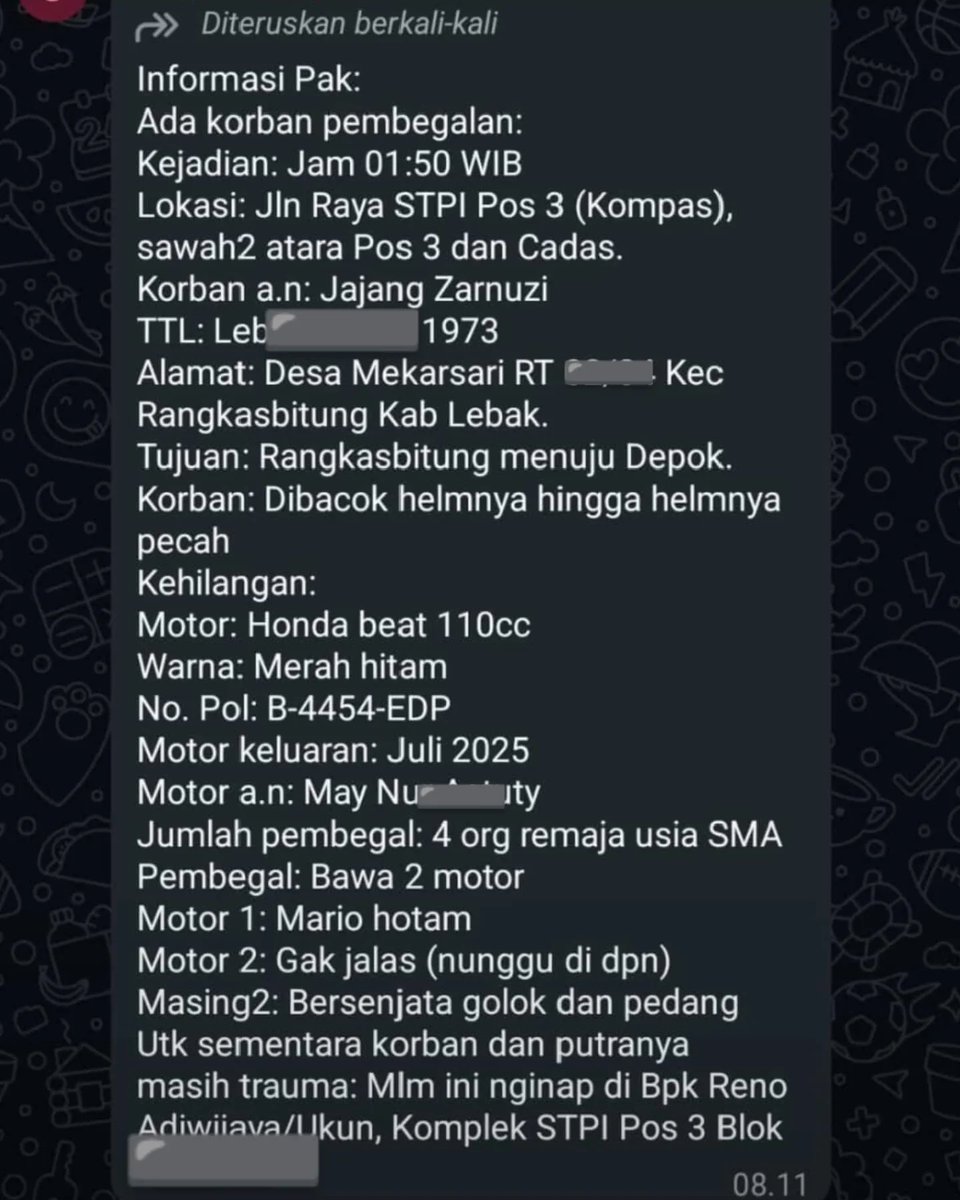 HATI-HATI DENGAN BEGAL ⚠️⚠️⚠️

Ada pengendara motor yang jadi korban begal di Jalan STPI Curug, Legok, Kab. Tangerang pada selasa lalu (04/11) pukul 01.50 WIB.