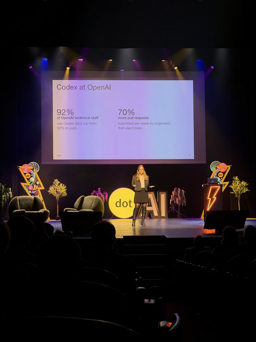 MaziyarPanahi's tweet image. listening to @kagigz from @OpenAI at #dotAI on state of coding agents

92% of openai tech staff using Codex
70% more pull requests