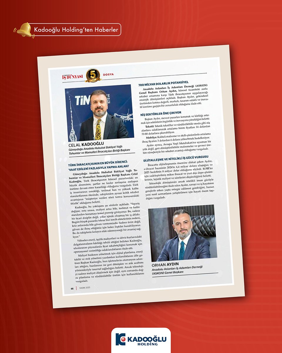 5. yılını kutlayan Türkiye’de İş Dünyası dergisi, “İhracatın Kahramanları” başlıklı özel dosyasında; Kadooğlu Holding Başkan Vekili Celal Kadooğlu’nun ihracat, üretim ve sürdürülebilir büyüme konularındaki değerli görüş ve değerlendirmelerine yer verdi.
Ülkemizin üretim gücüne
