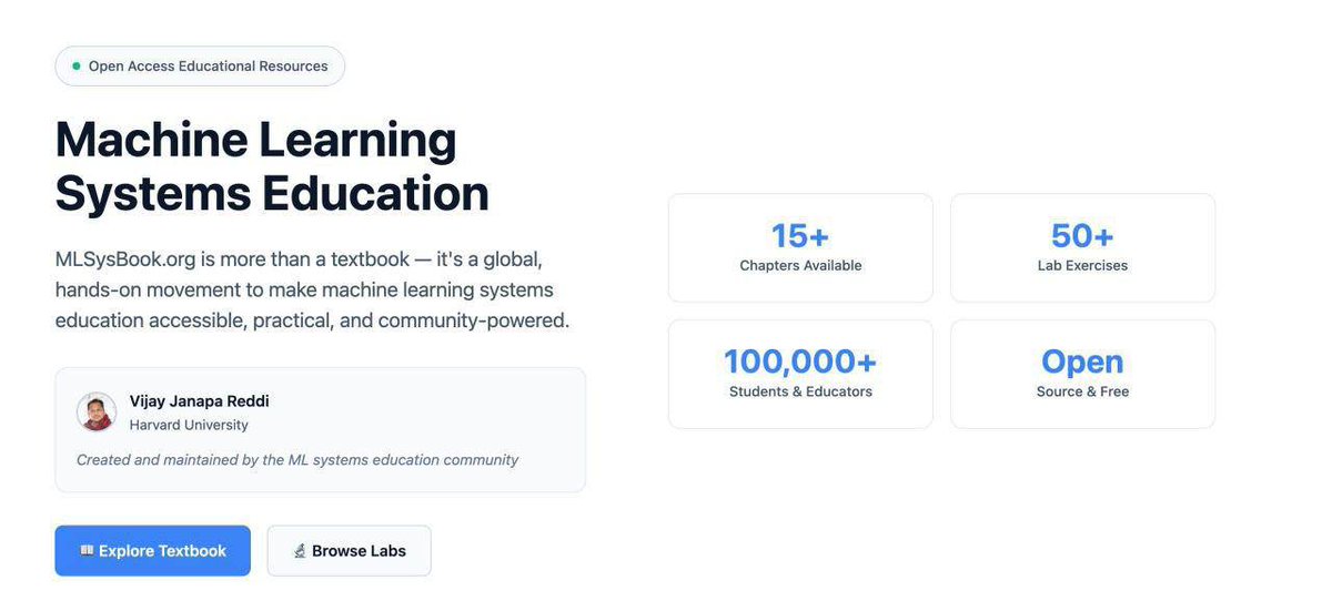 Nanbondev's tweet image. 🎓 Harvard launches a free interactive machine learning course

Harvard has released what many are calling the most complete free ML course to date, a fully interactive online textbook that walks learners from fundamentals to real-world AI deployment.

#machinelearningtutorial