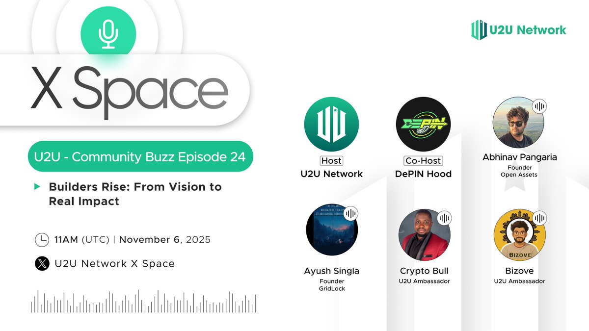 u2u_xyz's tweet image. U2U - Community Buzz Episode 24

Topic: Builders Rise: From Vision to Real Impact

x.com/i/spaces/1vAxR…

Host: U2U Network
Co-Host: @depin_hood

Speakers:

Abhinav Pangaria - Founder Open Assets
Ayush Singla - Founder GridLock
Crypto Bull - U2U Ambassador @Cryptomark247
Bizove…