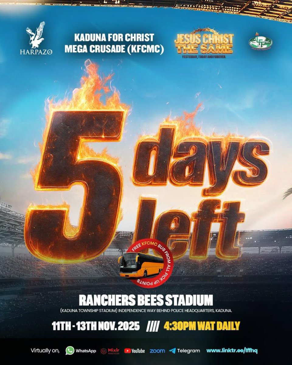 Real_jaeflex's tweet photo. In 5 days time, itβll be your miracle moment at KFCMC, Dont miss the chance.
Next week Tuesday 11th β Thursday 13th Nov. 2025
Ranchers Bees Stadium, Kaduna
#KFCMC #OperationHarpazo https://t.co/q4FGAMWAeh