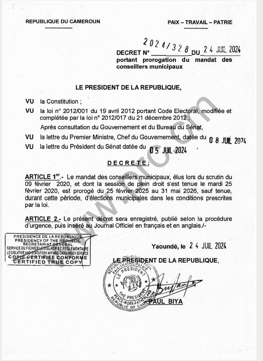 developcameroon's tweet image. Suivant les art. 169(1) et 171(1) du #CodeElectoral, 203 et 205 du #CGCTD, ainsi que du Décret de Prorogation du Mandat des CM ci-dessous, Ce nouveau Maire qui remplace le décédé n&apos;aura pas 5 ans de mandat.
@MINDDEVEL1 
@elecamofficiel 
#MunicipalesLegislatives2026 🇨🇲
#Cameroun