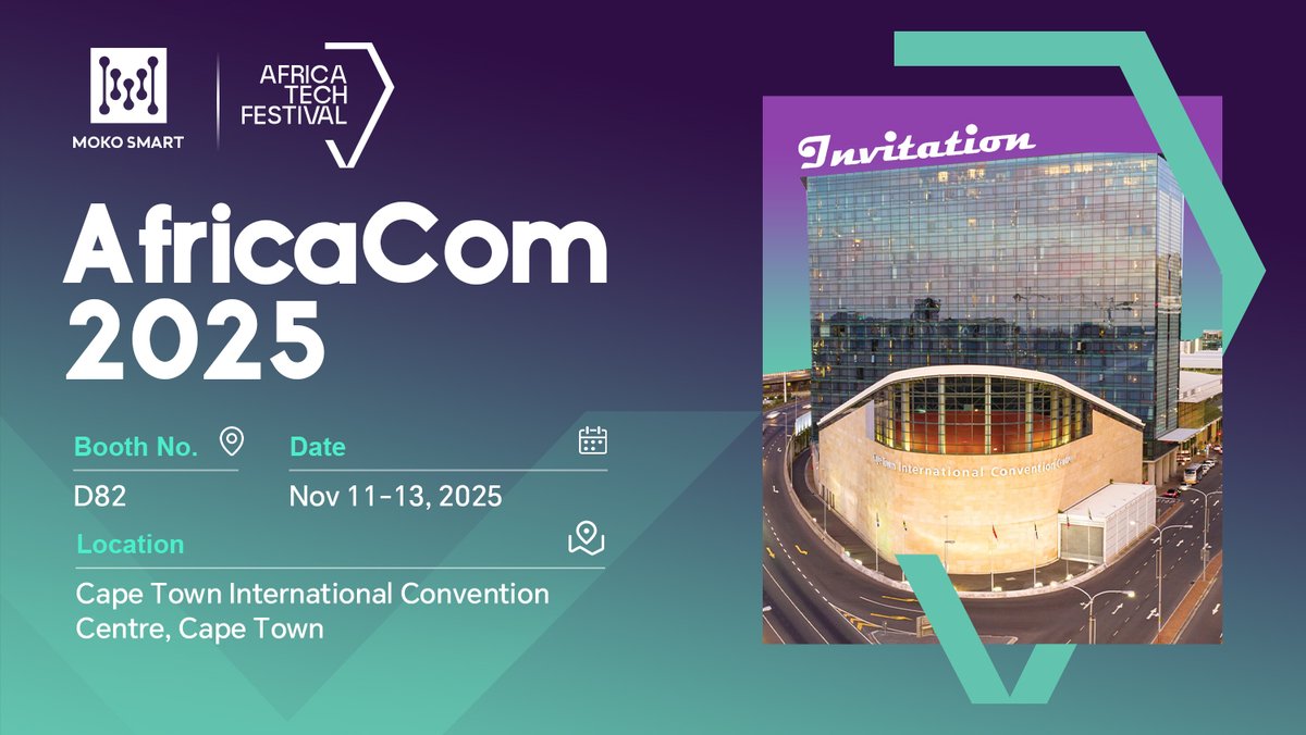 mokosmart's tweet image. 🌍 MOKO SMART is making its debut at #AfricaCom2025! 🇿🇦
📍 Booth D82 | Nov 11–13 | Cape Town
Explore our IoT hardware solutions—BLE, LoRaWAN, Wi-Fi, RFID, GPS, LTE—and catch our LIVE DEMO in action.
Let’s connect in Cape Town!
#MOKOSMART #IoT #SmartTechnology