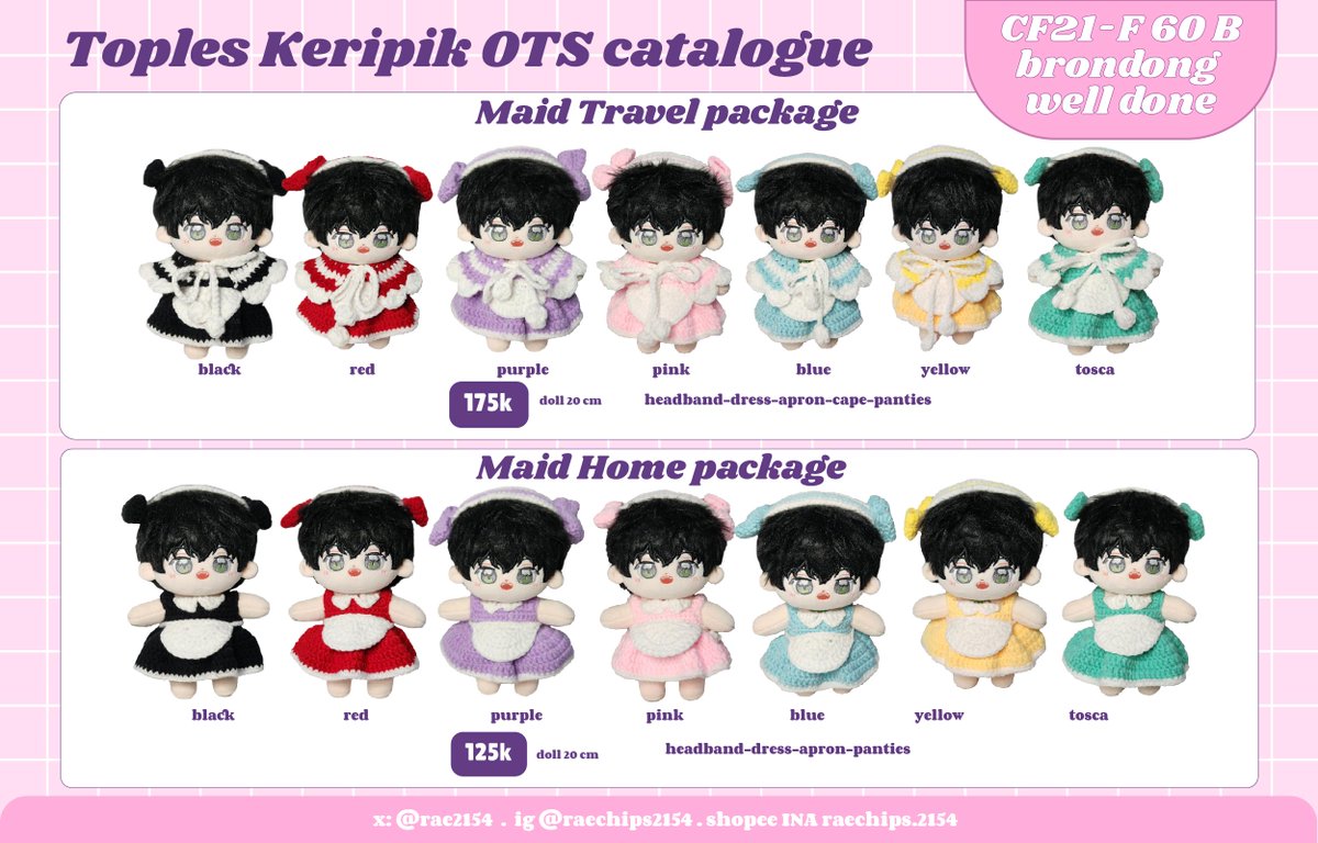 rae2154's tweet photo. 🔁and ❤️are appreciated  
RaesChip's Toples Keripik OTS #CF21   
Both: F 60 B - Brondng Well Done
Both days: 15-16 Nov '25
stok limited ya, ada beberapa yang cuma ada 1-2 set aja

Doll Clothes, Maid Costume, Doll, Original, anapas
#CF21Catalogue #comifuro21 #CFXXICatalogue https://t.co/4oFPPoQabz