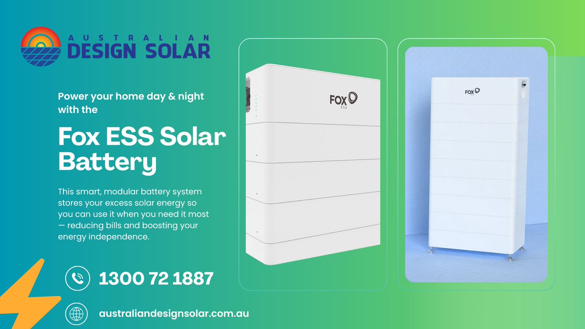 ausdesignsolar's tweet image. Tired of high power bills? ⚡
Store your solar energy &amp;amp; save big with the Fox ESS Battery — reliable, smart &amp;amp; affordable 🔋
Installed nationwide by Australian Design Solar 🇦🇺
👉 Get your free quote: australiandesignsolar.com.au/fox-ess-batter…
#FoxESSBattery #SolarEnergy #AustralianDesignSolar