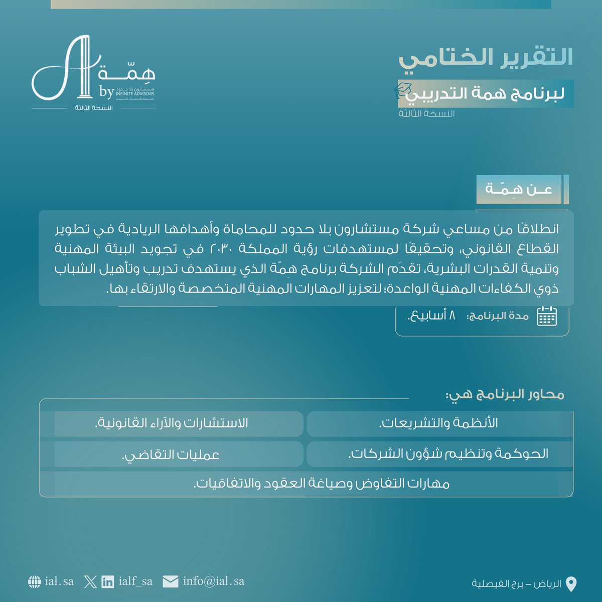 برنامج #هِمَّة يُحقّق أهدافه في إعداد جيل قانوني طموح، من خلال برنامج تدريبي متكامل.

#مستشارون_بلا_حدود
#Infinity_Advisors