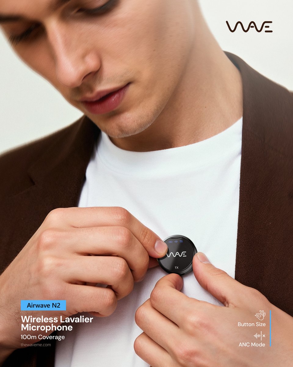 wavedubai's tweet image. Look good, sound better. The button-sized Airwave N2 gives you 100m wireless freedom + ANC clarity, so you can present, record, and create with confidence, anywhere you go.

Learn More: thewaveme.com
.
.
#Wave #WirelessMic #LifestyleTech #PortableAudio #Gadgets