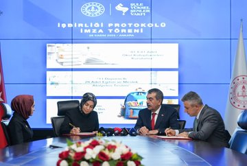 First image shows four people standing and holding red documents in front of a blue backdrop with Turkish flags and text reading İŞBİRLİĞİ PROTOKOLÜ İMZASI TORENİ organized by Şule Yüksel Şenler Vakfı. A man in a red tie and three women in black attire with headscarves pose formally. Second image depicts three people seated at a conference table signing documents on papers with a backpack and books visible, backdrop includes text about the protocol and date 29 Ekim with Turkish flag. Third image features three individuals at a table with documents and red pens, backdrop shows protocol text and educational items like books and backpack, with flowers on the table.