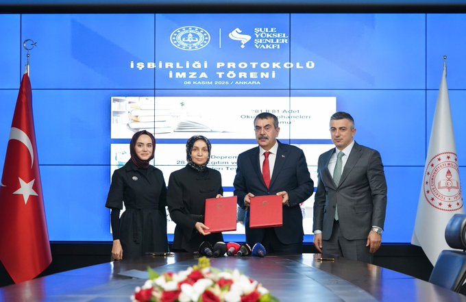 First image shows four people standing and holding red documents in front of a blue backdrop with Turkish flags and text reading İŞBİRLİĞİ PROTOKOLÜ İMZASI TORENİ organized by Şule Yüksel Şenler Vakfı. A man in a red tie and three women in black attire with headscarves pose formally. Second image depicts three people seated at a conference table signing documents on papers with a backpack and books visible, backdrop includes text about the protocol and date 29 Ekim with Turkish flag. Third image features three individuals at a table with documents and red pens, backdrop shows protocol text and educational items like books and backpack, with flowers on the table.