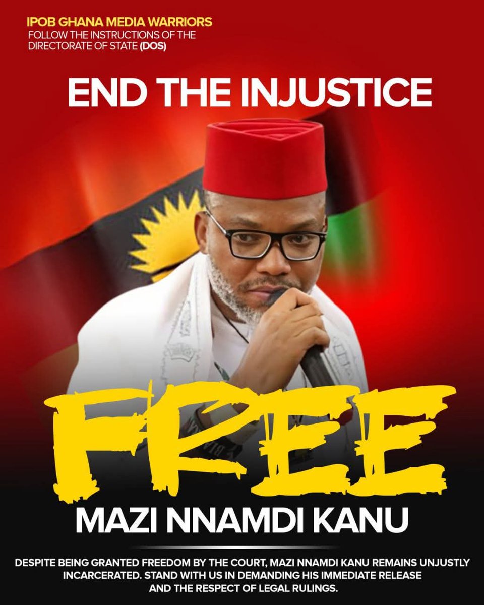 This injustice must end! 
Mazi Nnamdi Kanu is the leader of the Indigenous People Of Biafra, in June 2021 he was kidnapped in Kenya where he had travelled on a private visit, he was tortured for eight days in a private home in Kenya and was later brought to Nigeria illegally.

In