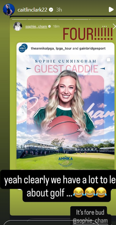 ItsAlwaysMarch's tweet photo. IT'S ALL GOOD.

Sophie Cunningham acknowledges her mistake about the golf term "Fore," with a post on IG. Before that, Caitlin Clark trolled Cunningham for writing "FOUR!!!!" 

📸: Sophie Cunningham's IG Story https://t.co/OuHH5KjKCk