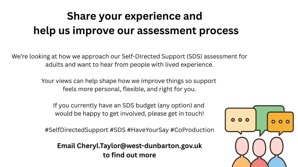 wdhscp's tweet image. We’re reviewing how adult Self-Directed Support assessments are done — and we want to hear from you! If you have a budget &amp;amp; lived experience, help shape the process. Get in touch! See contact details below ⬇️ #SDS #HaveYourSay
@WDCouncil @_improvinglives