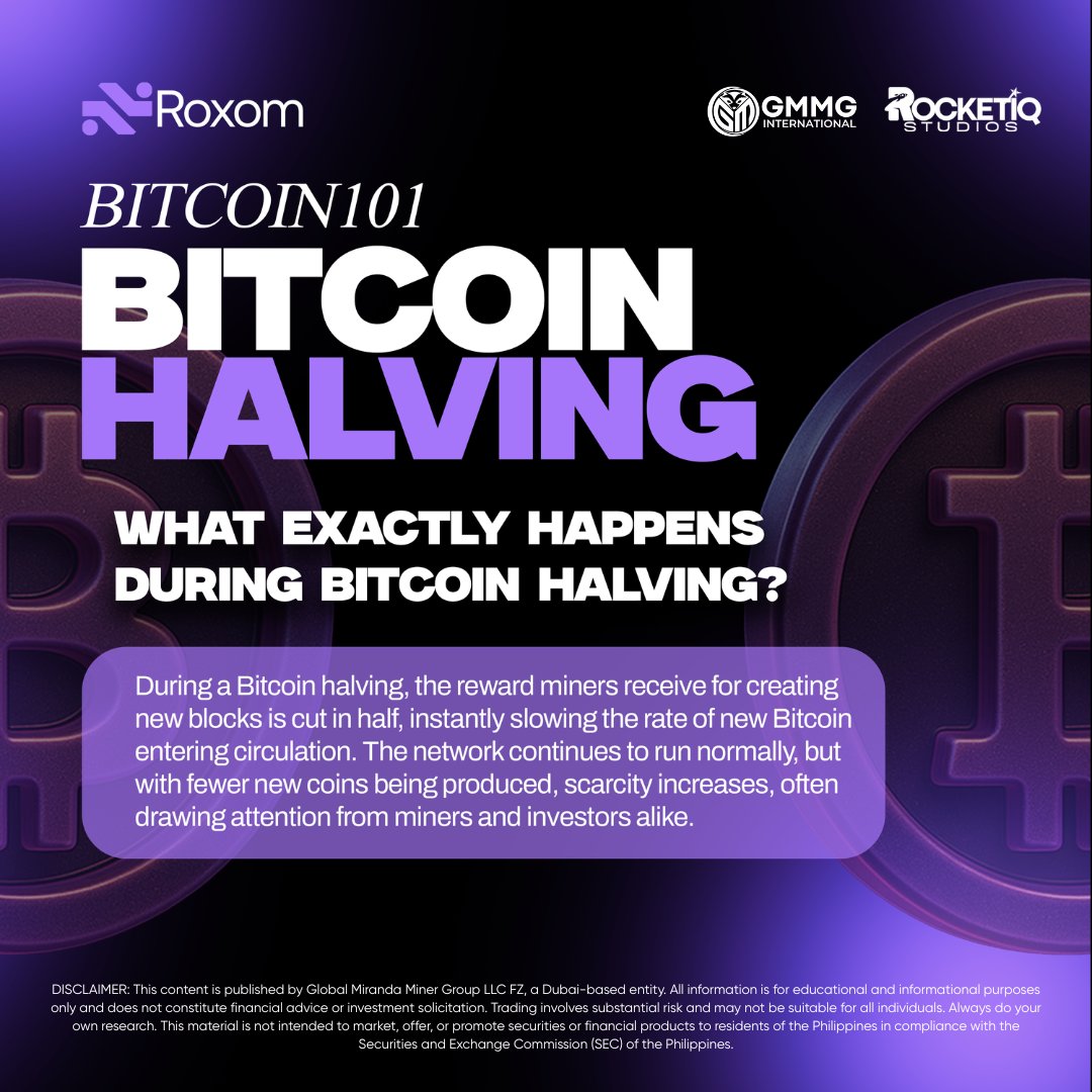 Every 4 years, Bitcoin goes through a Halving; miner rewards are cut in half, meaning less new BTC enters circulation.

Total supply: 21M BTC
Already mined: ~19.6M
Remaining: &lt;1.4M

Scarcity is the point. ⏳

When will you buy your first Bitcoin?

Learn with @Roxom.