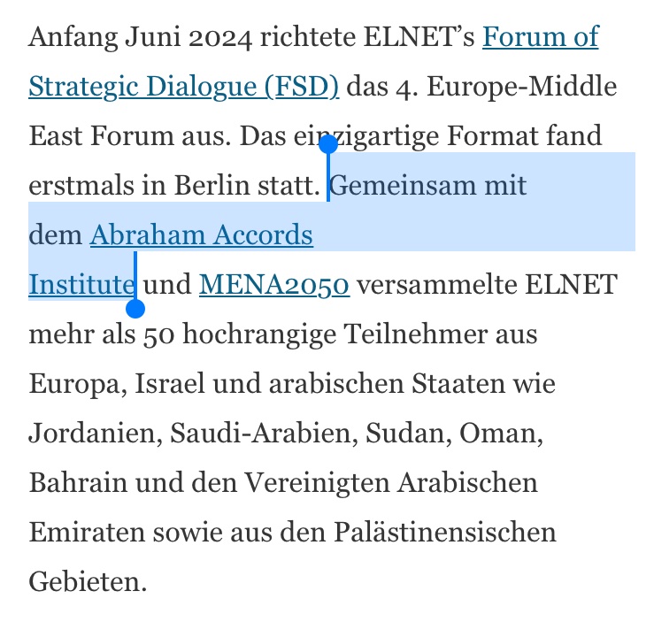 Das Abraham Accords Institute, gegründet von Armin Laschet, wurde also mit einer Million Euro aus dem Kulturetat des Bundes gefördert, um dann zusammen mit ELNET, geleitet von Zohar Pavi, einem ehemaligen Mossad-Direktor, ein Forum zu strategischem Dialog zu organisieren.