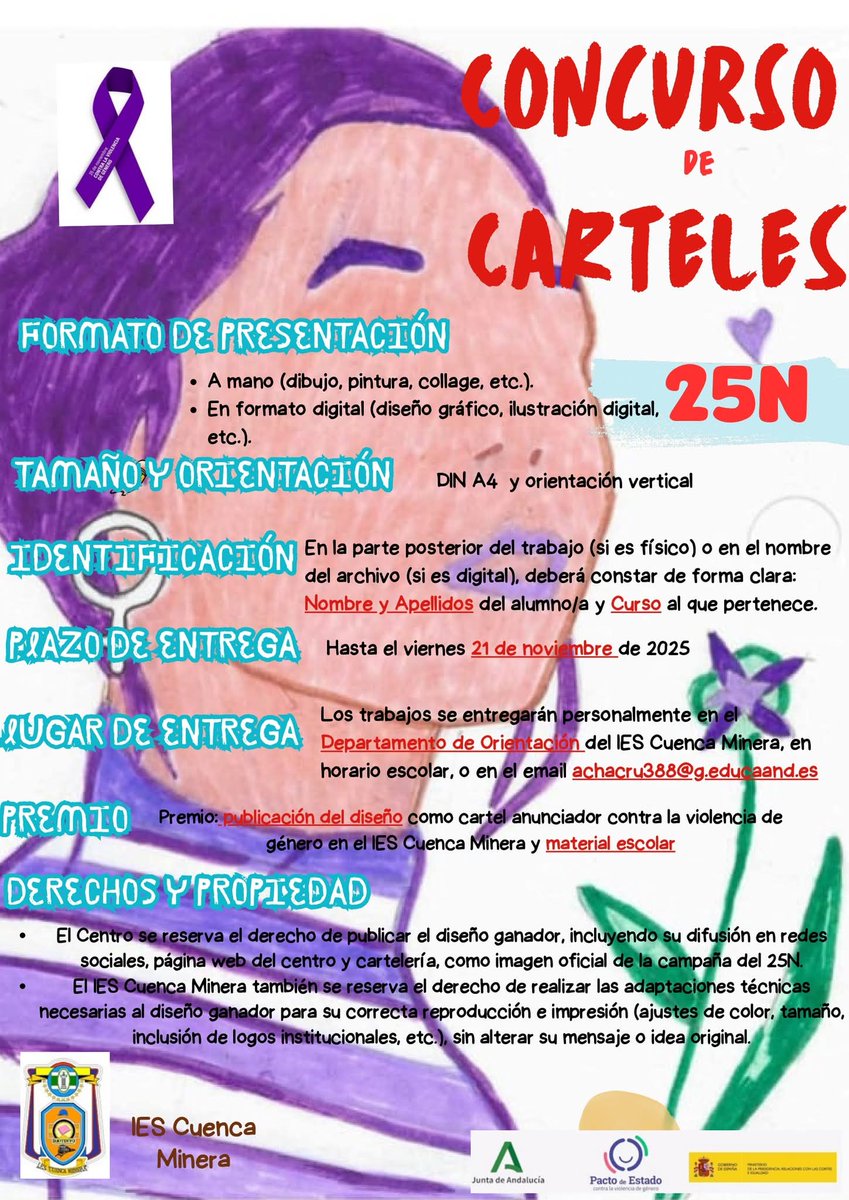 🎨 𝗖𝗢𝗡𝗖𝗨𝗥𝗦𝗢 𝟮𝟱 𝗡 | El IES Cuenca Minera convoca un año más el Concurso para la selección del Cartel Conmemorativo del 25 de Noviembre, Día Internacional de la Eliminación de la Violencia contra la Mujer. 💜

💜 Juntos y juntas, decimos NO a la violencia de género.