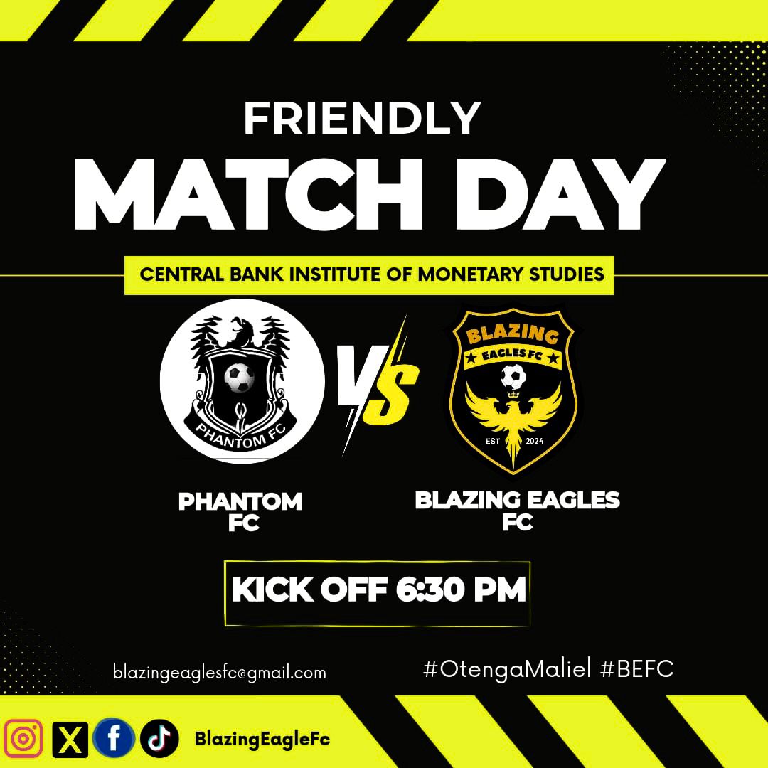 Blazing_Eagles1's tweet photo. Tonight we go under the lights for a friendly clash against Phantom FC 💥
📍 Venue: Central Bank institute of monetary studies
🕖 Kickoff: 6:30pm
Time to sharpen up, test new tactics, and build momentum before the season kicks off. Let’s make it count! 🟡⚫️
#OtengaMaliel #BEFC https://t.co/qTLfGBG3y5
