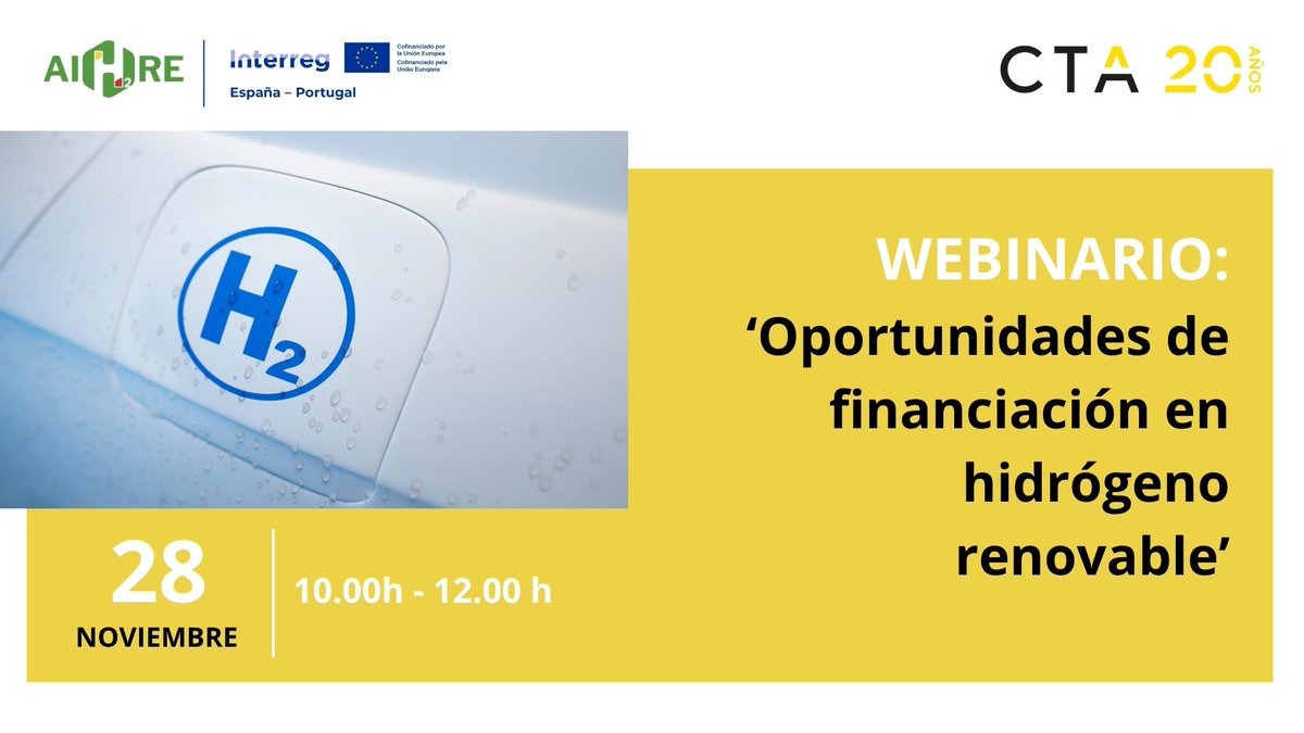 CTAndaluciaENG's tweet image. Drive the future of renewable hydrogen with us! ♻️🔋

🟡CTA, through our #EUproject @AIHRE_POCTEP, invites you to: “Funding opportunities in renewable hydrogen”.

💡 Learn about funding programs in Spain &amp;amp; Portugal.
🎤 With speakers from CDTI &amp;amp; IDAE.
🗓️ 28/11/2025
🕙 10:00 –…