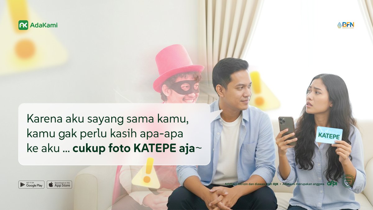 adakamiofficial's tweet photo. Kalau ada yang minta kode OTP, jangan kasih ya! Lagu lama Kang Ti Pu itu~ Langsung aja BLOCK dan REPORT, TemanKami! 💪🙂👌

#AdaKami #SelaluAdaBuatKamu #GenerasiBijakFinansial #TimMana #Polling https://t.co/odwoWBHiAM