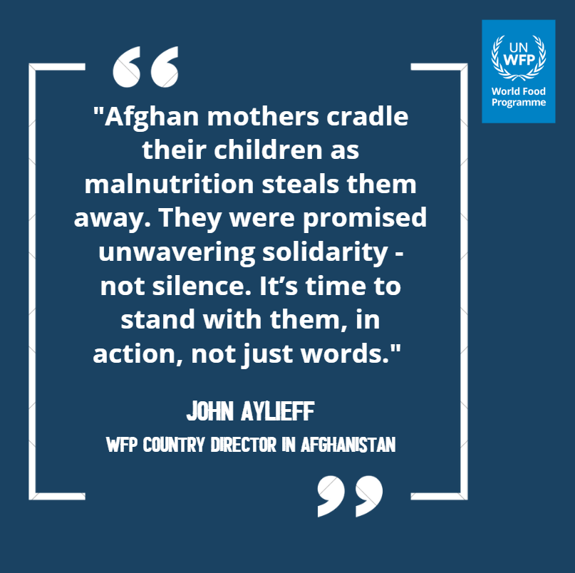 WFP_Afghanistan's tweet photo. "Afghan mothers cradle their children as malnutrition steals them away. They were promised unwavering solidarity - not silence. It’s time to stand with them, in action, not just words."  - John Aylieff, WFP Country Director in Afghanistan. https://t.co/xGDTPoiHTg