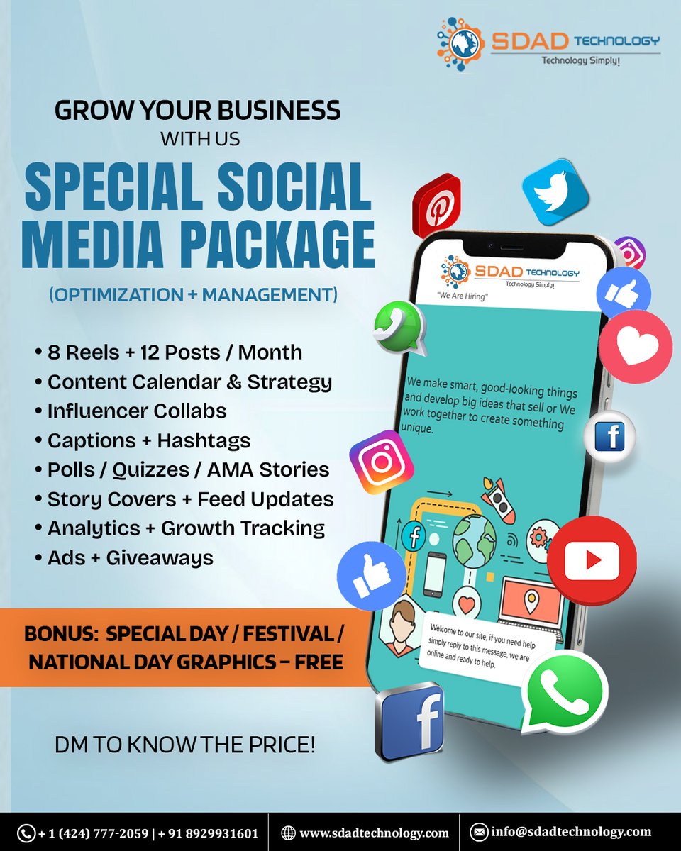 SdadTechnology's tweet image. Grow your brand where your audience lives — on social media!
SDAD Technology helps you:
✅ Increase engagement
✅ Boost brand awareness
✅ Drive leads with creative, data-driven campaigns.
Let’s power your growth! 
#socialmediamarketing #digitalgrowth