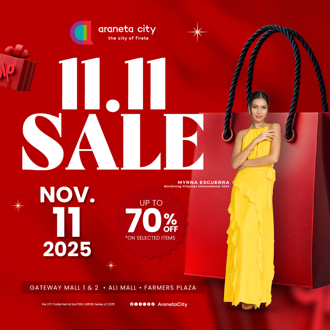 .<a href="/AranetaCity/">Araneta City</a> is giving you twice the fun when you shop this 11.11! Enjoy up to 70% OFF on selected items when you shop at Gateway Mall 1 and 2, Ali Mall, and Farmers Plaza! ✨

See you at the #CityOfFirsts! Download their mobile app for more surprises: qrco.de/bbPerg
