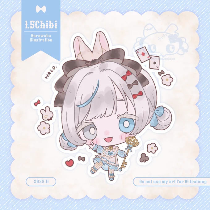 ▋1.5Chibi illustration works 個人VTuber✦白暈ハロ様✦の1.5頭身Chibiを担当いたしました ぶいなっぷ様で発売されるオンラインくじのグッズでラメ缶バッジの絵柄になっております #comission #イラスト依頼