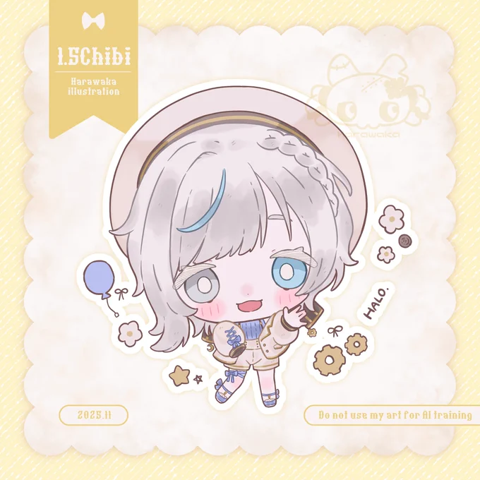 ▋1.5Chibi illustration works 個人VTuber✦白暈ハロ様✦の1.5頭身Chibiを担当いたしました ぶいなっぷ様で発売されるオンラインくじのグッズでラメ缶バッジの絵柄になっております #comission #イラスト依頼