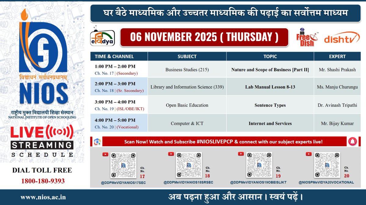 niostwit's tweet image. 📢 #NIOS LIVE PCP – 06 November 2025 (Thursday)

💼 Business Studies
📖 Library &amp;amp; Information Science
✍️ Open Basic Education
🌐 Computer &amp;amp; ICT

📺 Watch LIVE on:
🛰 DD Free Dish Ch 17, 18, 19 &amp;amp; 20
#NIOSLIVEPCP #OpenSchooling #DigitalLearning #EducationForAll #StudyFromHome