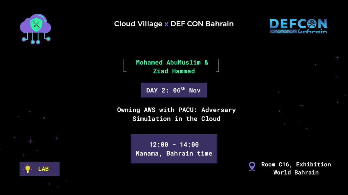 ☁️ The clock’s ticking - 15 minutes to go!

Catch Mohamed AbuMuslim &amp; Ziad Hammad live at <a href="/cloudvillage_dc/">Cloud Village</a>  x <a href="/defcon/">DEF CON</a>  Bahrain 🇧🇭 <a href="/AicsExpo/">Arab International Cybersecurity Conference & Expo</a>  presenting:
⚡ “Owning AWS with PACU: Adversary Simulation in the Cloud”

📍 Room C16, Exhibition World Bahrain
🕛 Starts at 12:00 PM