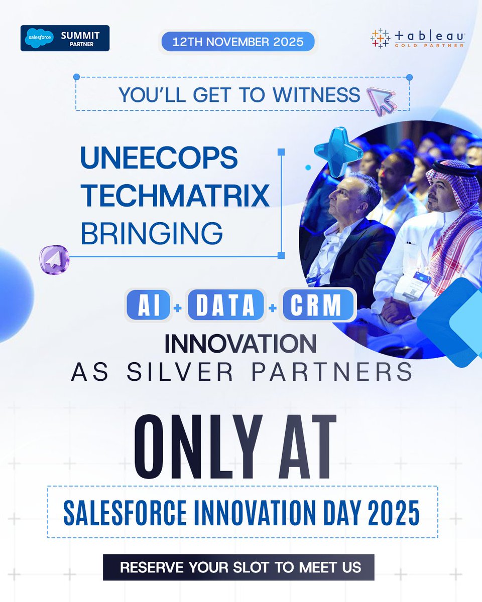 Uneecops's tweet image. 📞 INCOMING CALL: Uneecops TechMatrix

Answer Now - just 1 week to #Salesforce #InnovationDay, Riyadh 2025!

Meet our leadership team on November 12, 2025. Don’t miss the call to innovate 📞

#salesforceinnovationday #innovationdayriyadh #riyadh #saudiarabia #saudiarabiaevents