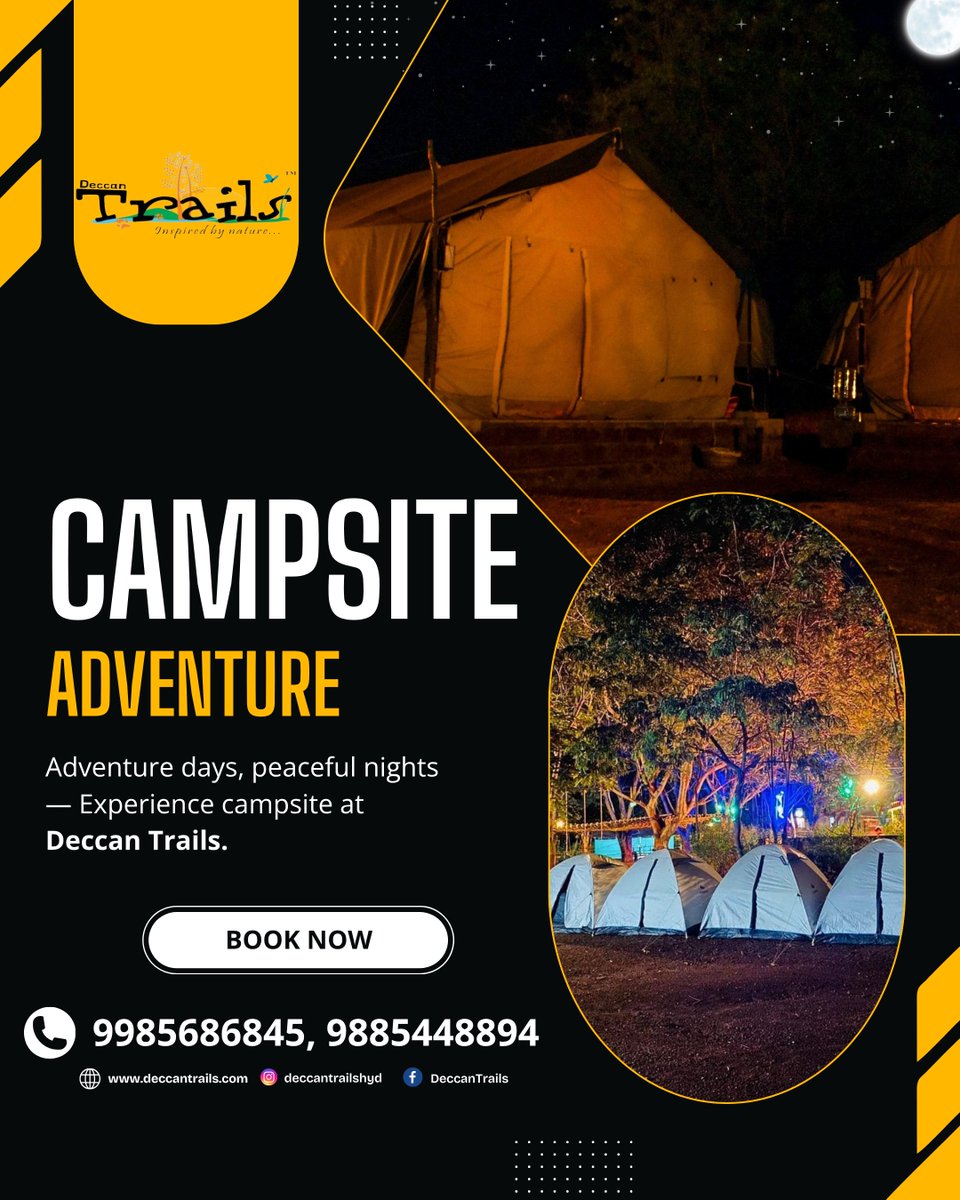DeccanTrailsHyd's tweet image. Campsite Adventures Await!

Call or WhatsApp at 98854 48894 , 9985686845
Visit our website: deccantrails.com
Location: Deccan Trails, Vikarabad

#DeccanTrails #CampsiteAdventure #IntoTheWild #AdventureTime #NatureLovers #CampingLife #ExploreMore #WeekendGetaway #OutdoorFun