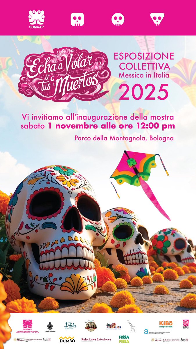 GEORGGEART's tweet photo. Se inauguró en Bologna, Italia la muestra ¡Echa a Volar a tus Muertos! Con @somaap y @SRE_ @Artac @UNESCOMexico , 45 Autores intervenimos papalotes de papel amate, chicos y grandes disfrutaron de nuestras tradiciones, mañana inauguramos en Florencia #georggeart #georggeartstudio https://t.co/WNtWmBvBI7