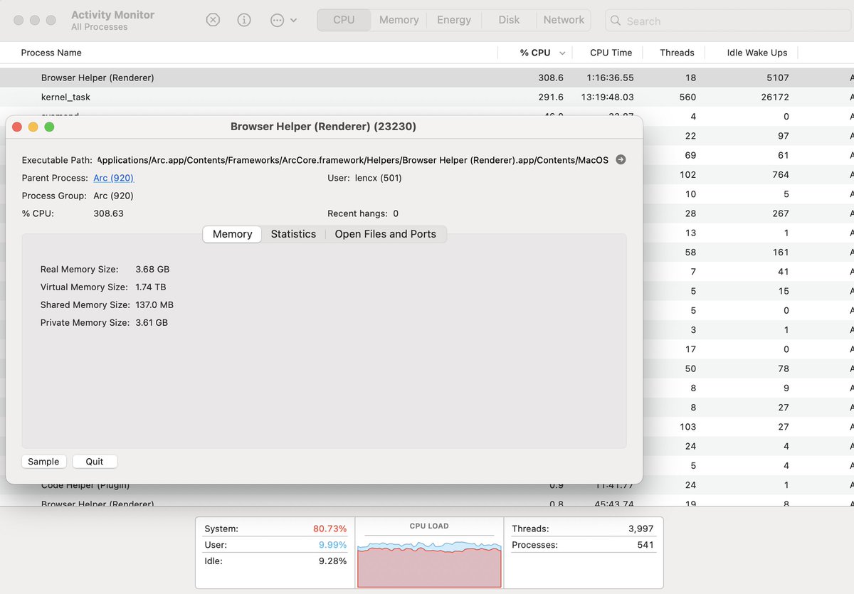 不要迷信基于 Chromium 二次开发的应用就一定比 Electron 流畅，我的 Arc 后台运行时，经常内存泄漏，干爆 CPU...

Arc 各种小 Bug 也挺多的，比如正常网页的某些脚本不加载、按钮不可点等等...
