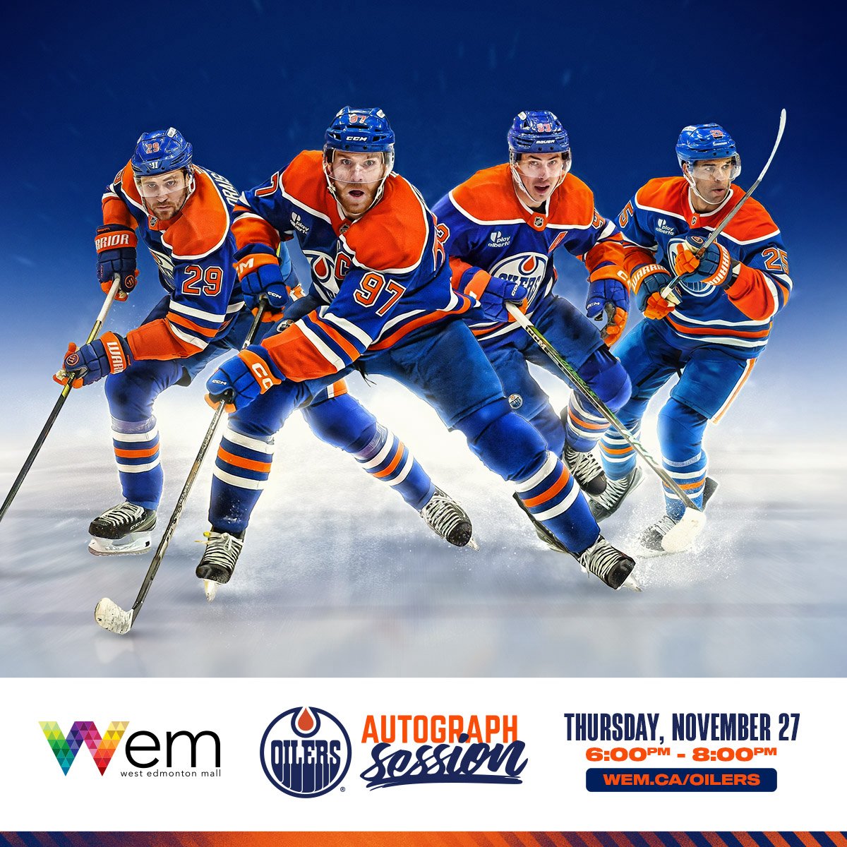 The <a href="/Official_WEM/">West Edmonton Mall</a> Autograph Session is back ✍️ 

Your chance to meet your favourite #Oilers is at West Edmonton Mall on Thursday, November 27 from 6 to 8pm!  

Visit wem.ca/oilers for more information.