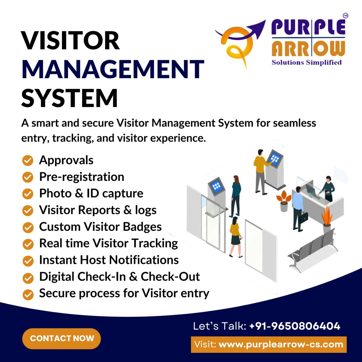 purplearroww's tweet photo. Simplify Visitor Management with Purple Arrow!
Ensure a smart, secure, and seamless entry experience for your visitors.
#VisitorManagement #SmartOffice #DigitalTransformation #WorkplaceAutomation #VisitorTracking #SecureCheckIn https://t.co/H9ii9Gd4Mn