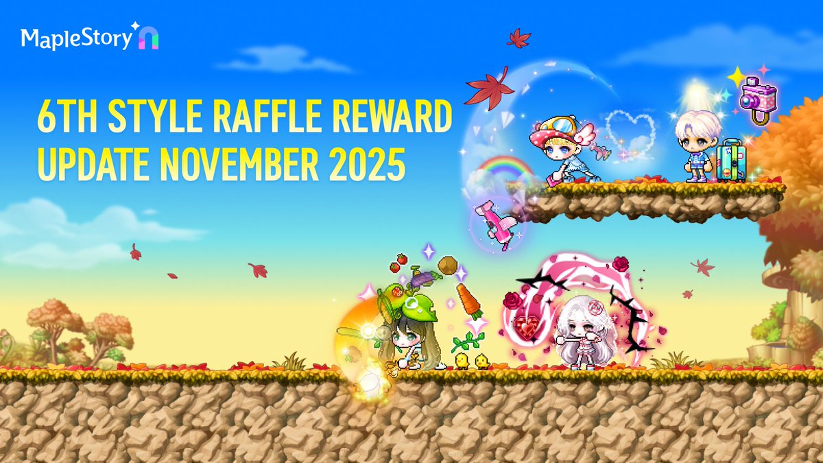 New month, new fit? So autumn!
6th Style Raffle is live with fresh rewards for November!

🗓️ Raffle Runs: Nov 6 – Dec 5
Win rare gear, pets, and glow-ups 👇
msu.io/maplestoryn/ne…