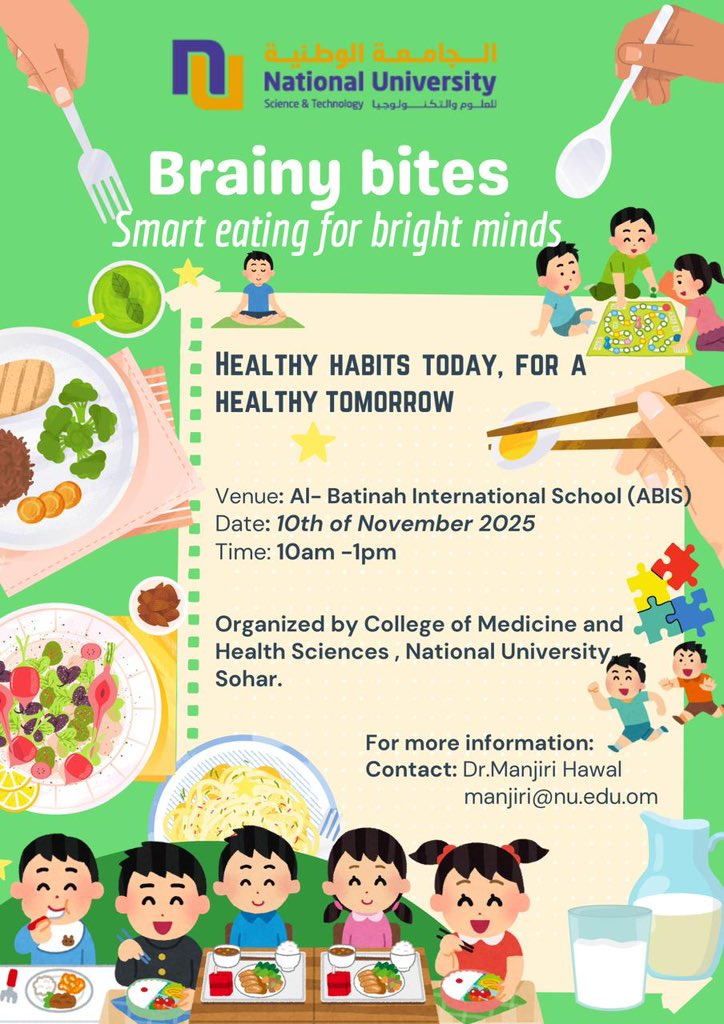 Fuel your brain with smart choices! 💡
CoMHS is organizing an exciting awareness activity at Al-Batinah International School (ABIS) to inspire students to adopt healthy and mindful eating habits for a sharper, brighter future. 🌿