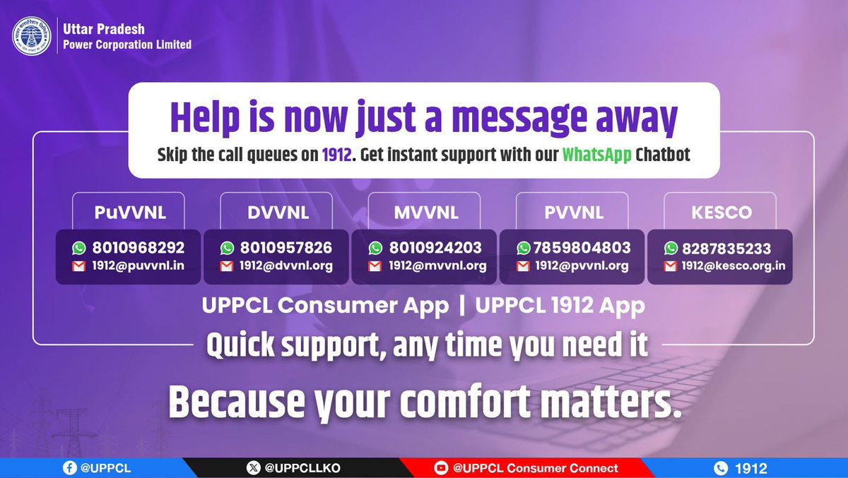 pvvnlhapur's tweet image. UPPCL’s WhatsApp Chatbot provides an easy and hassle-free platform to register any electricity-related complaint. Reach out to us and get your query resolved!  #DigitalUP #UPPCL #WhatsAppChatbot
@CMOfficeUP
@EMofficeUP
@aksharmaBharat
@mduppcl