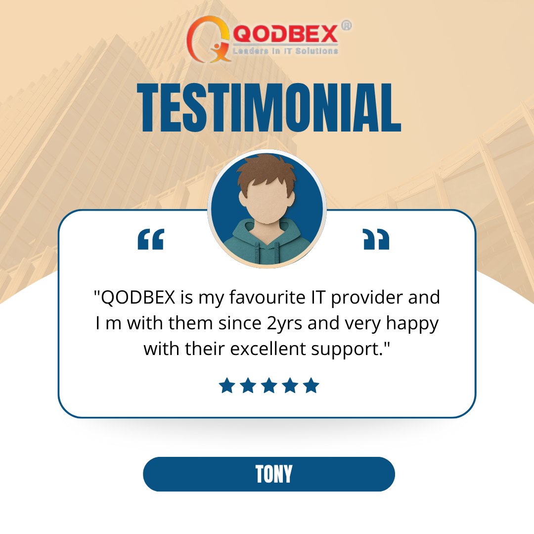 qodbex's tweet image. ⭐️ CLIENT TESTIMONIAL ⭐️

We love hearing from our amazing clients! 💬
Tony shares his experience with QODBEX — highlighting our commitment to excellence and reliable IT support. 

👉 Partner with QODBEX and experience top-tier IT solutions that drive success.