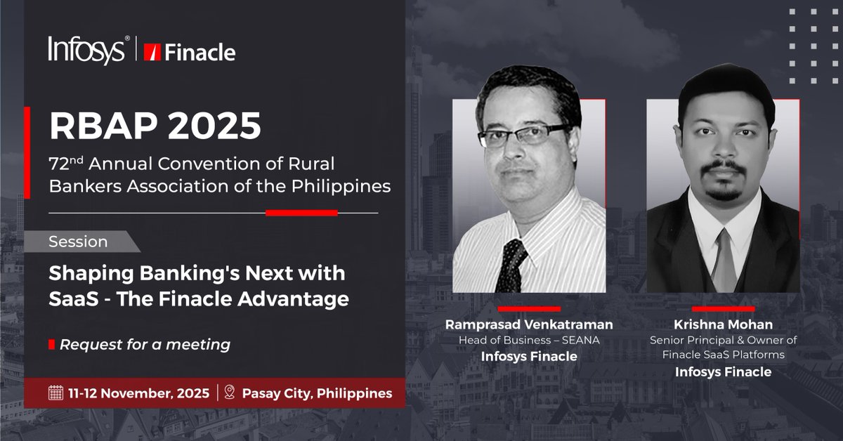 Finacle's tweet image. Join us at #RBAP2025 to explore how Finacle’s Digital Banking SaaS Platform is transforming rural banking in the Philippines! Learn about 7-in-1 benefits, fast migration, and success stories from 11 leading banks: okt.to/PLBMuQ

#RuralBanking #FinancialInclusion