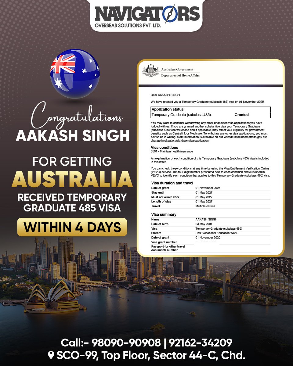 Navigatorsos's tweet photo. Congratulations to Aakash Singh for receiving his Australia Temporary Graduate 485 Visa in just 4 days!

 📞 98090-90908 | 92162-34209

#AustraliaVisa #VisaSuccess #StudyInAustralia #AustraliaBound #485Visa #StudentSuccess #TemporaryGraduateVisa https://t.co/SsDsg4sPBQ