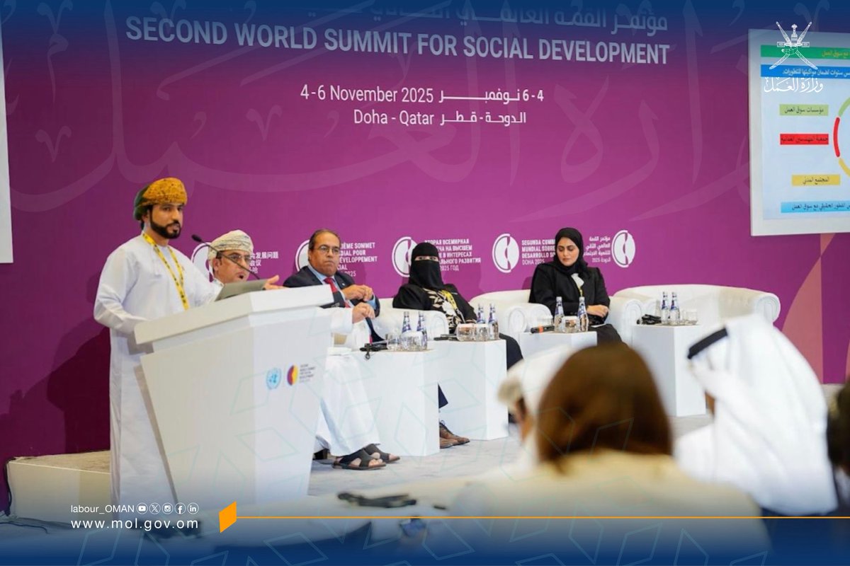 Labour_OMAN's tweet photo. تشارك #وزارة_العمل ممثلةً في المديرية العامة للكليات المهنية في #القمة_العالمية_الثانية_للتنمية_الاجتماعية بدولة قطر خلال الفترة من 4 إلى 6 نوفمبر الجاري، بمشاركة نخبة من المختصين وصناع القرار في مجالات التنمية والتعليم والعمل. https://t.co/YrKmwuCaM1
