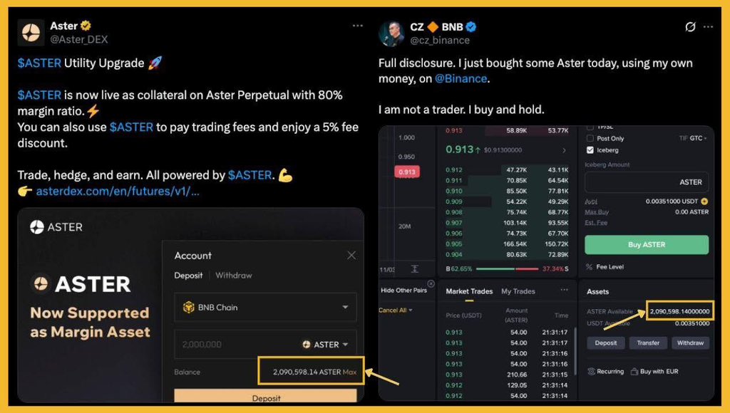 Global_Team68's tweet photo. Cộng đồng đang truyền tay nhau tấm hình trong thông báo mới của Aster có số dư token $ASTER được sreenshoot trùng số mà CZ mua.

Nhiều người bắt đầu lo lắng cho designer của dự án vì vô tình để lộ ví anh Bằng trên mainnet.

Nhưng cũng có không ít ý kiến cho rằng đây không phải tai nạn mà là cố tình hint sự kết nối giữa Aster và CZ. 

AE nghĩ sao?