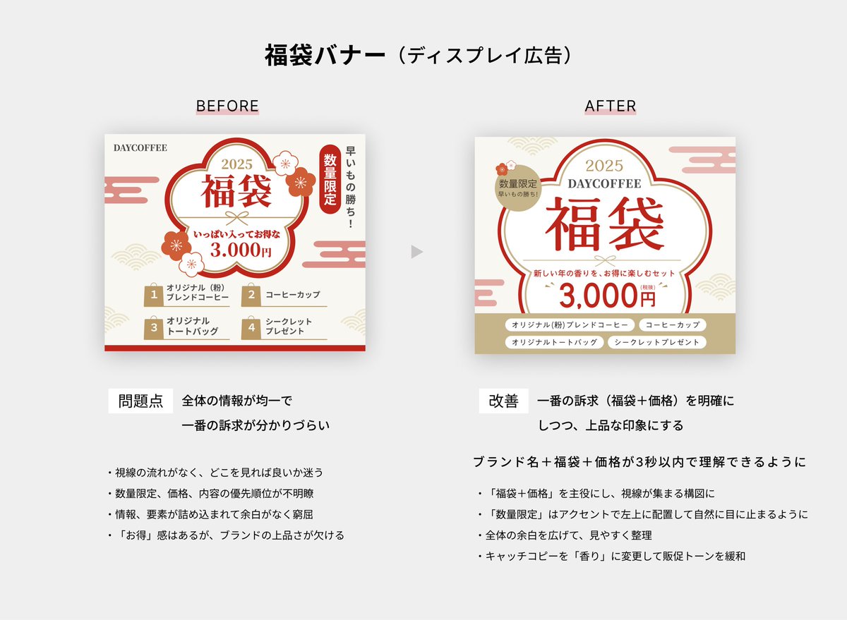 kruh_WebDesign's tweet image. バナーブラッシュアップ🌿

◆福袋バナー

「福袋＋価格」を主役にして視線の流れを整理。余白で上品さを保ちながら“お得感”もキープ。

毎回の課題はジャンプ率と余白。
当時も意識してたはずだけど、全然出来てなかった。。
いつも情報ギューギュー😣

#Webデザイン